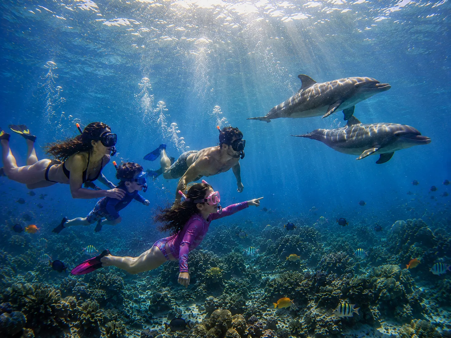 Family snorkeling beside two wild dolphins on the Dolphin House trip in the Red Sea, Hurghada