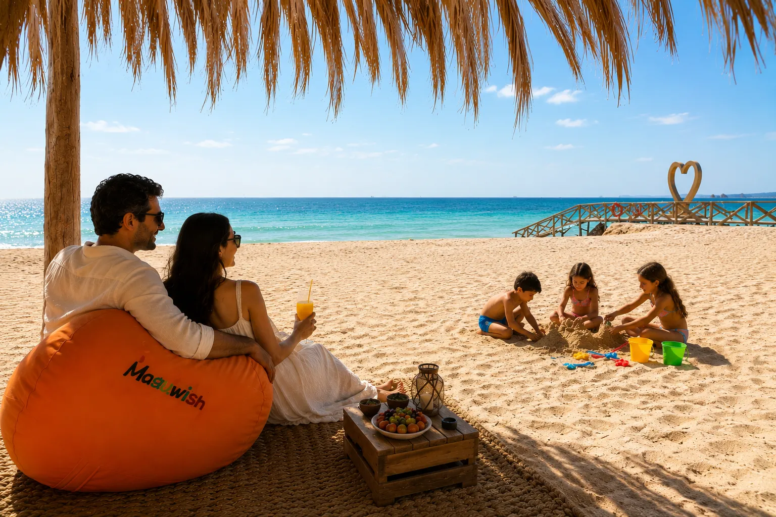 Family relaxing under a beach umbrella at Magawish Island on the Red Sea in Hurghada