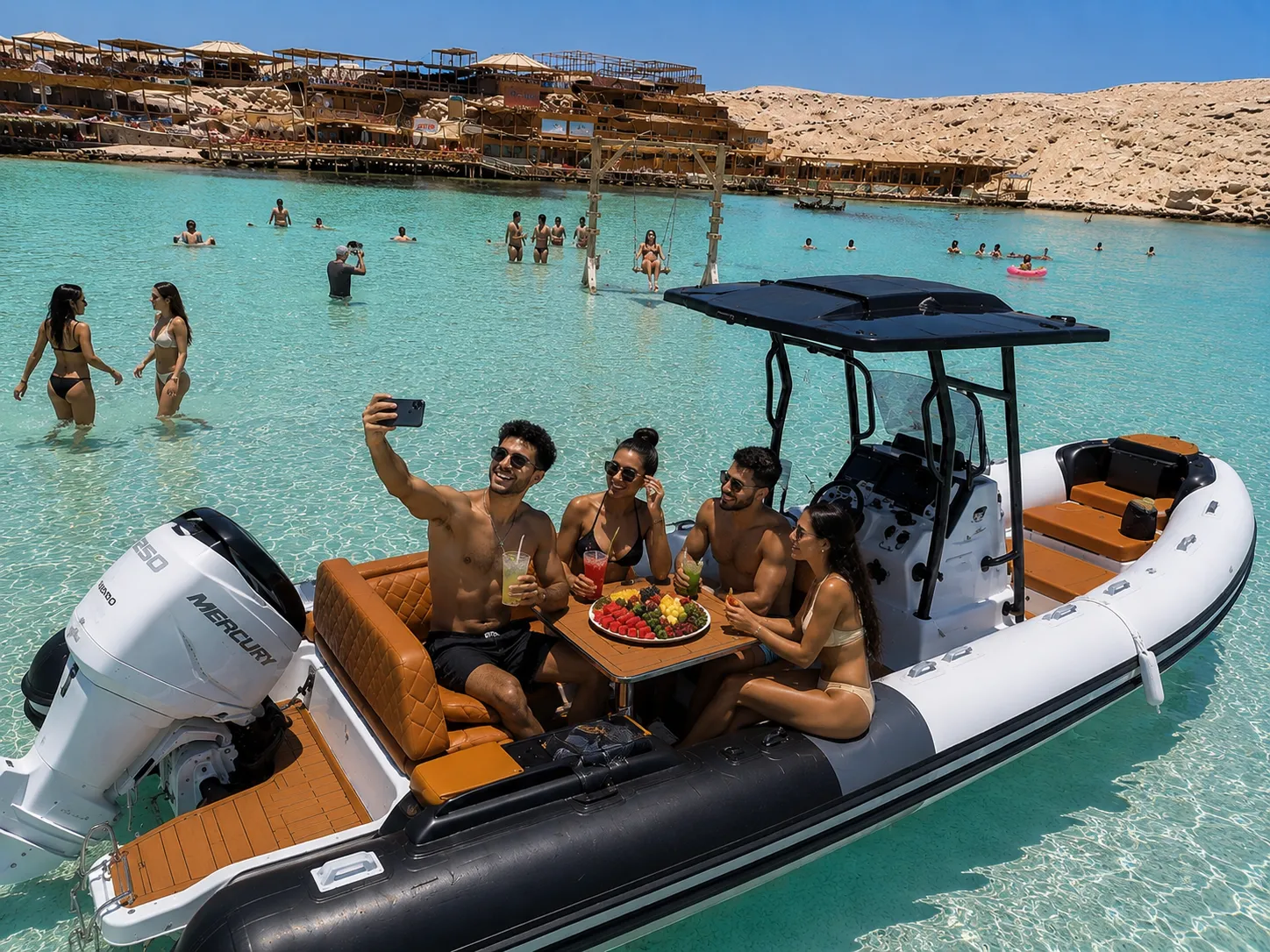 Private speedboat in the turquoise lagoon at the Orange Island beach club in Hurghada